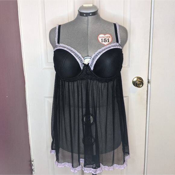 Torrid Black Sheer Mesh Babydoll Lingerie with Pink Lace Trim Ruffle Hem Size 1x - Picture 1 of 16